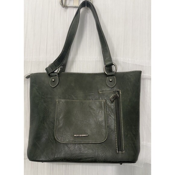 Montana West Southwestern Faux Leather Studded Whipstitch Purse Tote Green - Picture 2 of 6